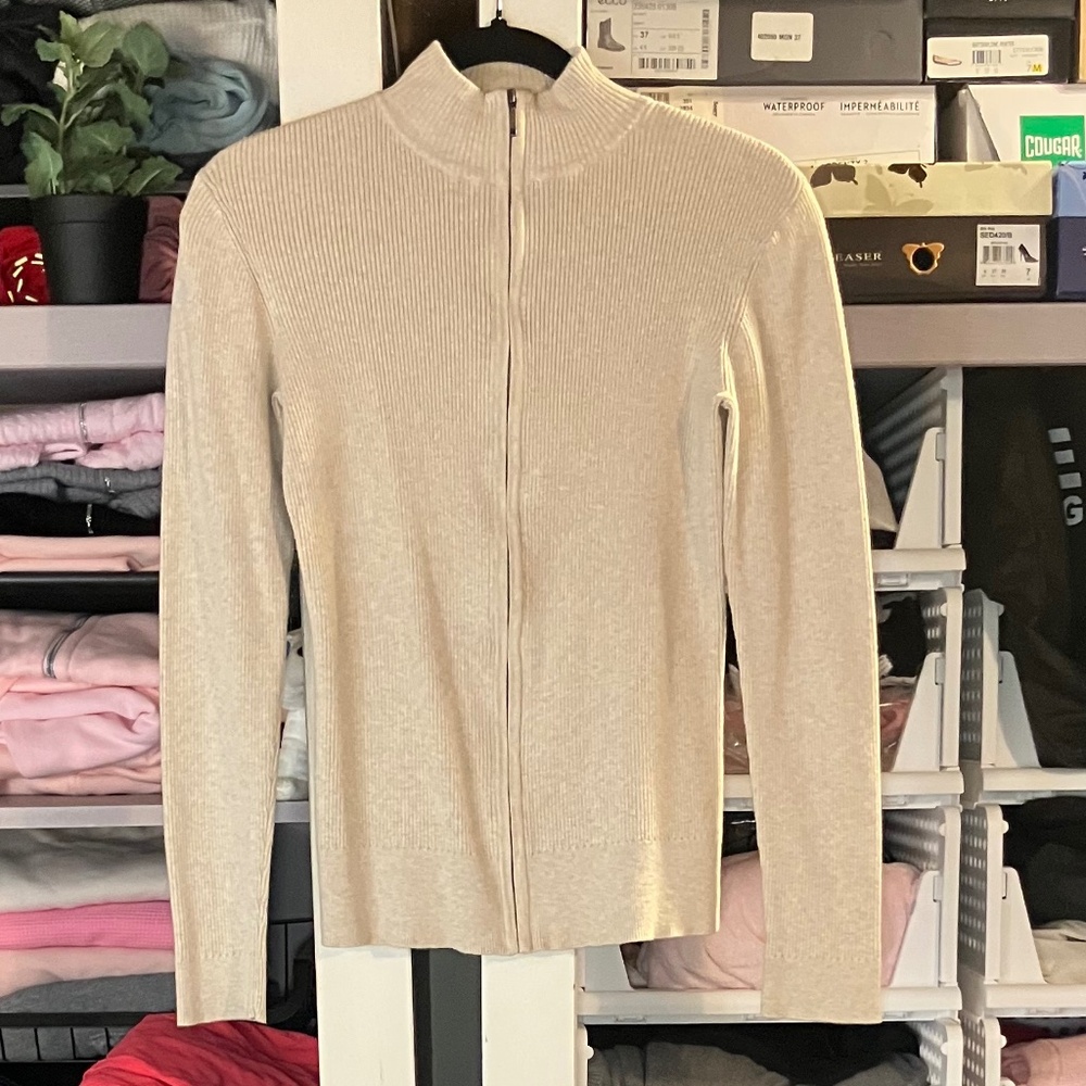 Denver Hayes Oatmeal Full Zip Lightweight Ribbed Sweater